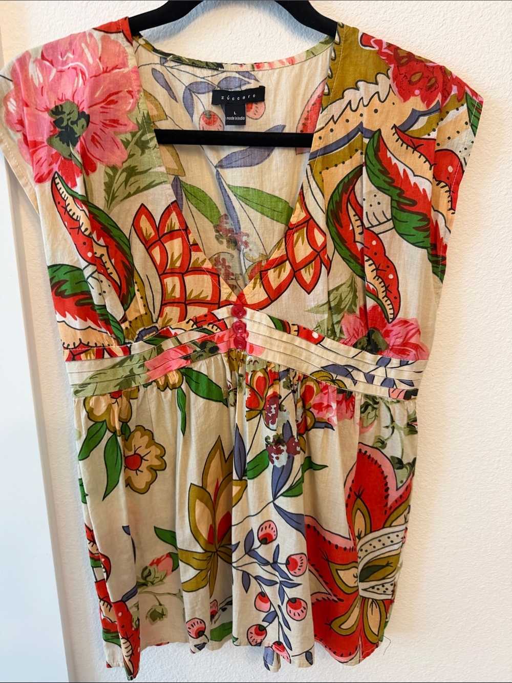 Zuccaro Floral Linen Top in Cream with Coral and Lavender